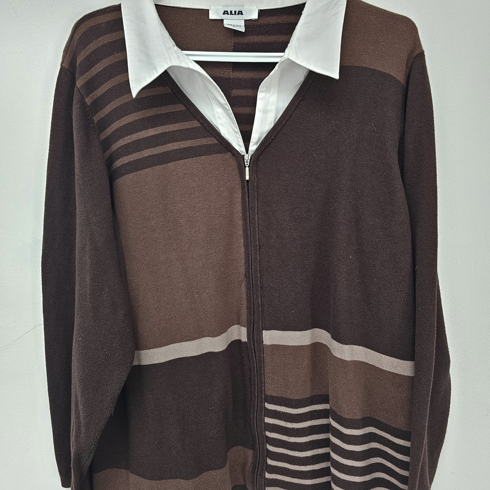 Alia Brown Striped Zip-Up Cardigan